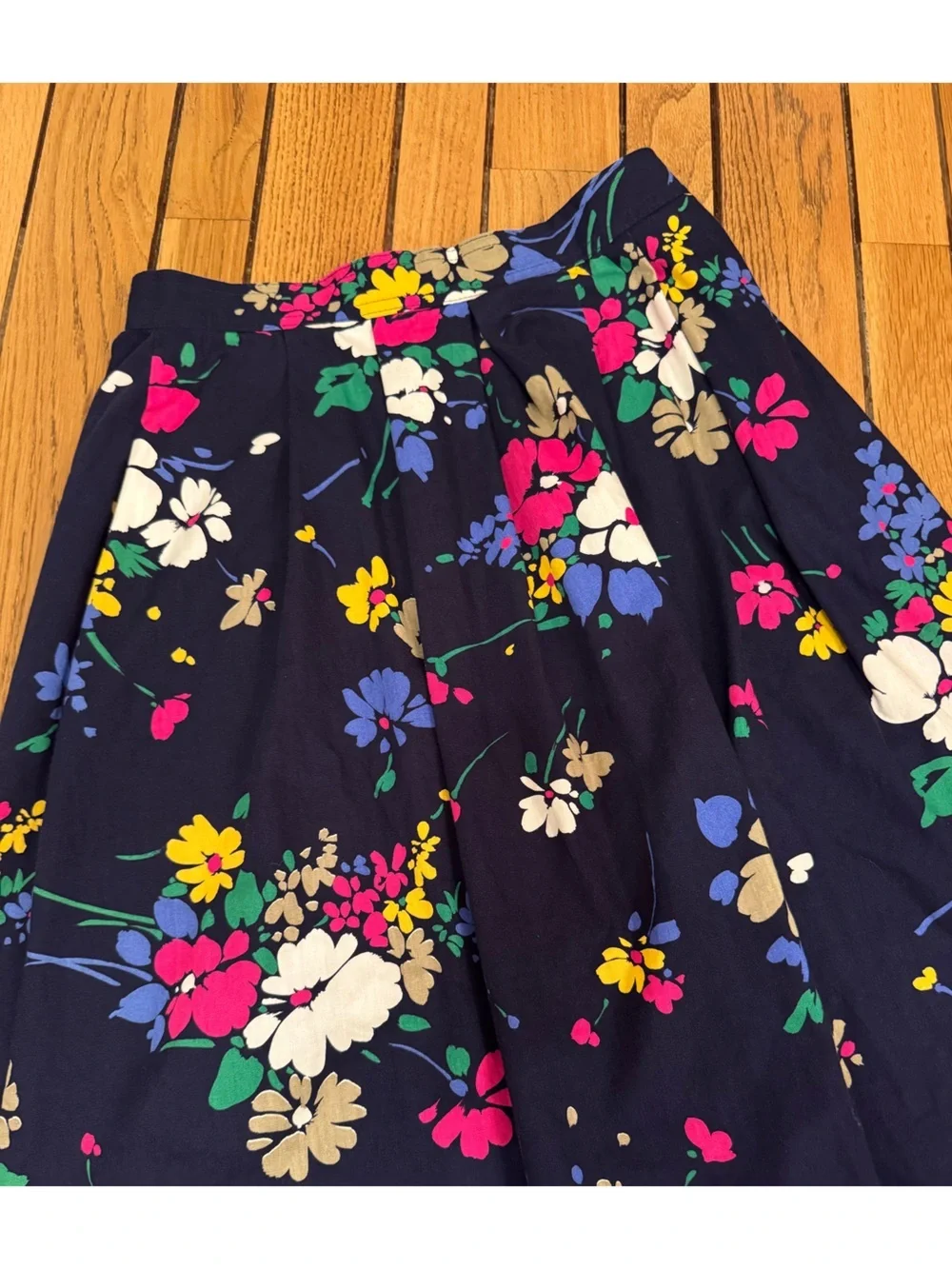 Vintage Aston Navy Floral A-Line Midi Skirt with Pink, White, Yellow & Green